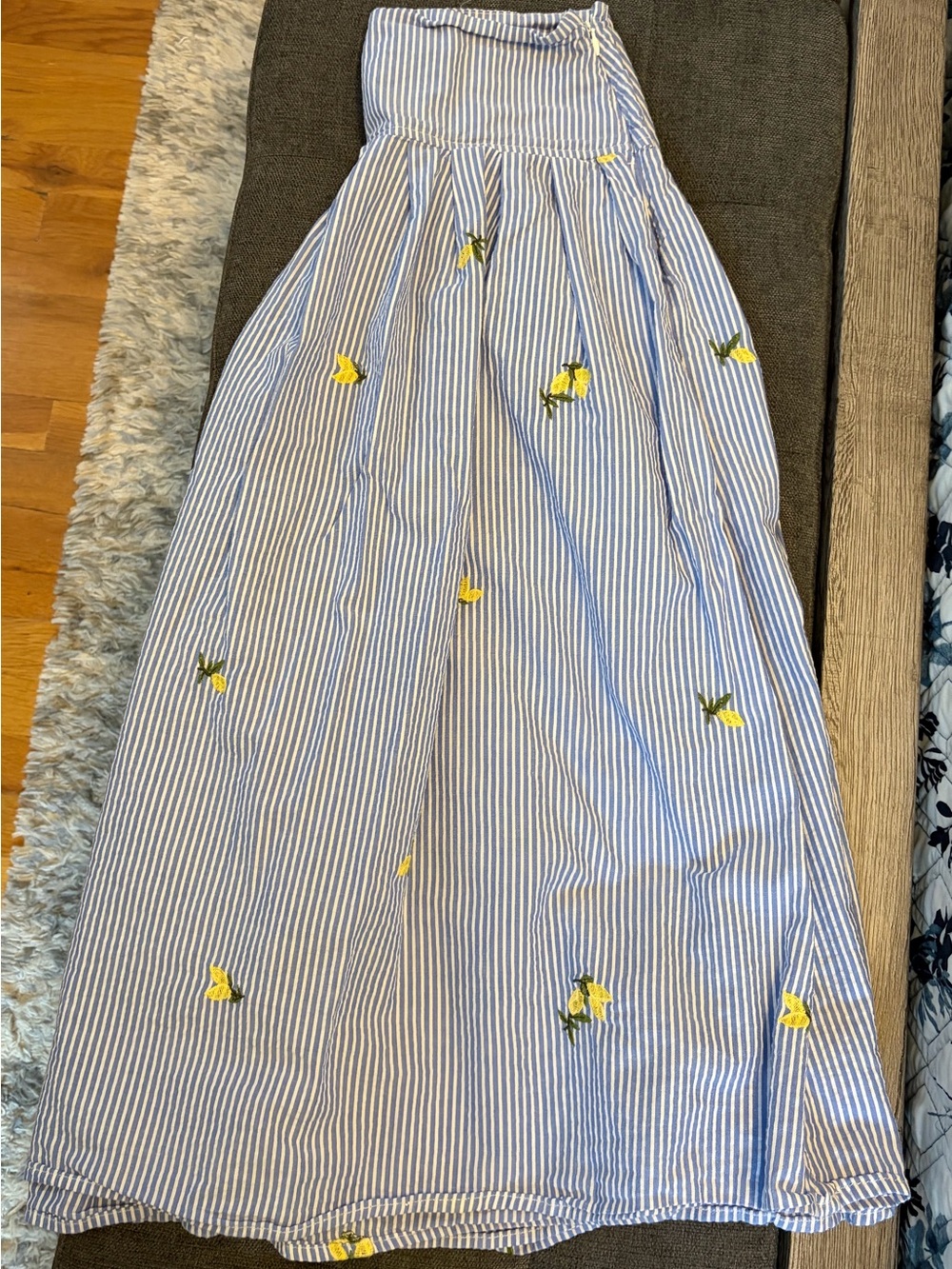 Blue Stripe Maxi Skirt with Yellow Lemon Embroidery